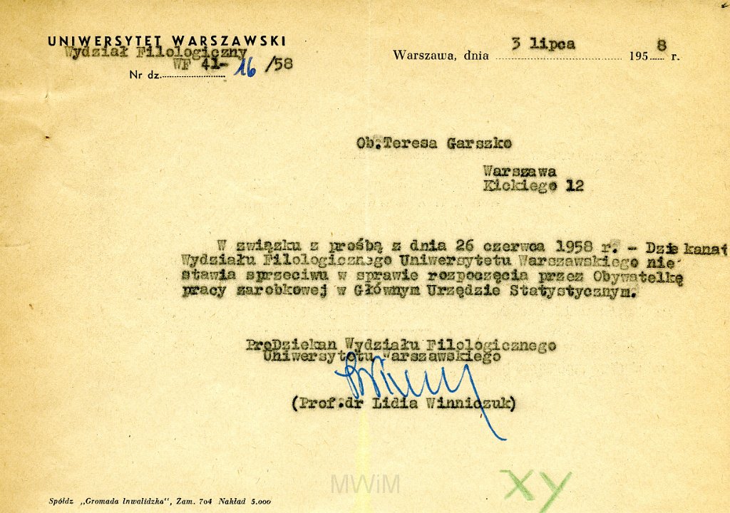 KKE 5688.jpg - Dok. Zgoda na podjęcie pracy w Głównym Urzędzie Statystyczym wydana przez UW wydział Filologiczny dla Teresy Graszko, Warszawa, 3 VII 1958 r.